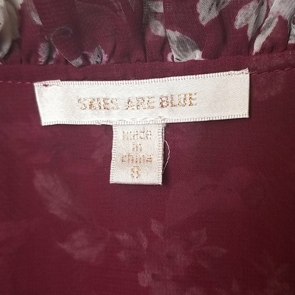 Skies are blue Romantic Office Tie Neck Burgundy Floral Blouse Small - Picture 3 of 9